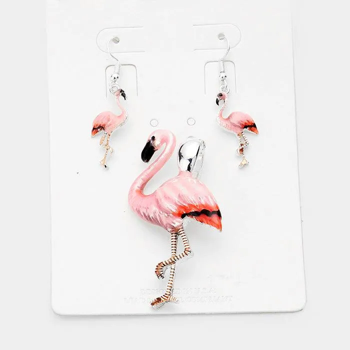Flamingo Enamel Pendant Earrings Set