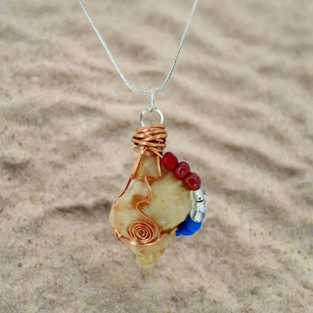 Florida Apple Murex Shell  Handmade Beach Boho Pendant-Copper Wire Wrapped-Multi Color Glass Beads- USA Beach Boho