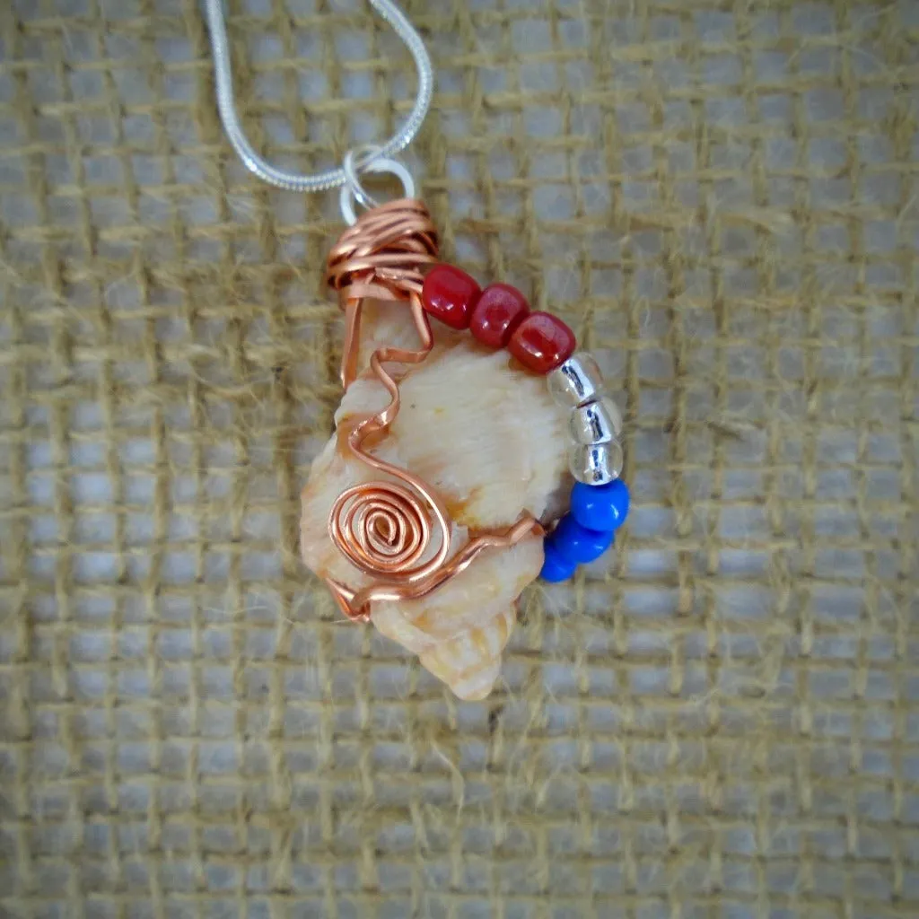 Florida Apple Murex Shell  Handmade Beach Boho Pendant-Copper Wire Wrapped-Multi Color Glass Beads- USA Beach Boho