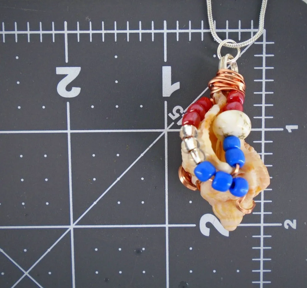 Florida Apple Murex Shell  Handmade Beach Boho Pendant-Copper Wire Wrapped-Multi Color Glass Beads- USA Beach Boho