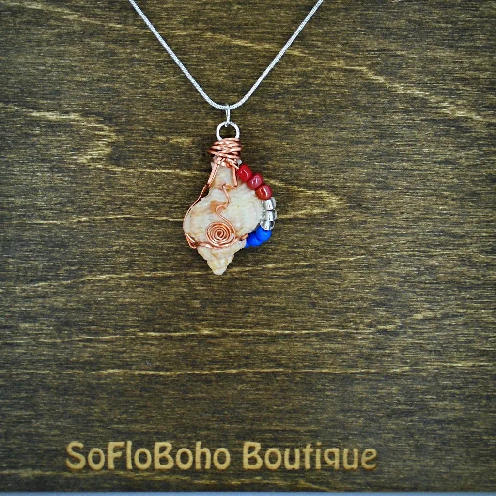 Florida Apple Murex Shell  Handmade Beach Boho Pendant-Copper Wire Wrapped-Multi Color Glass Beads- USA Beach Boho