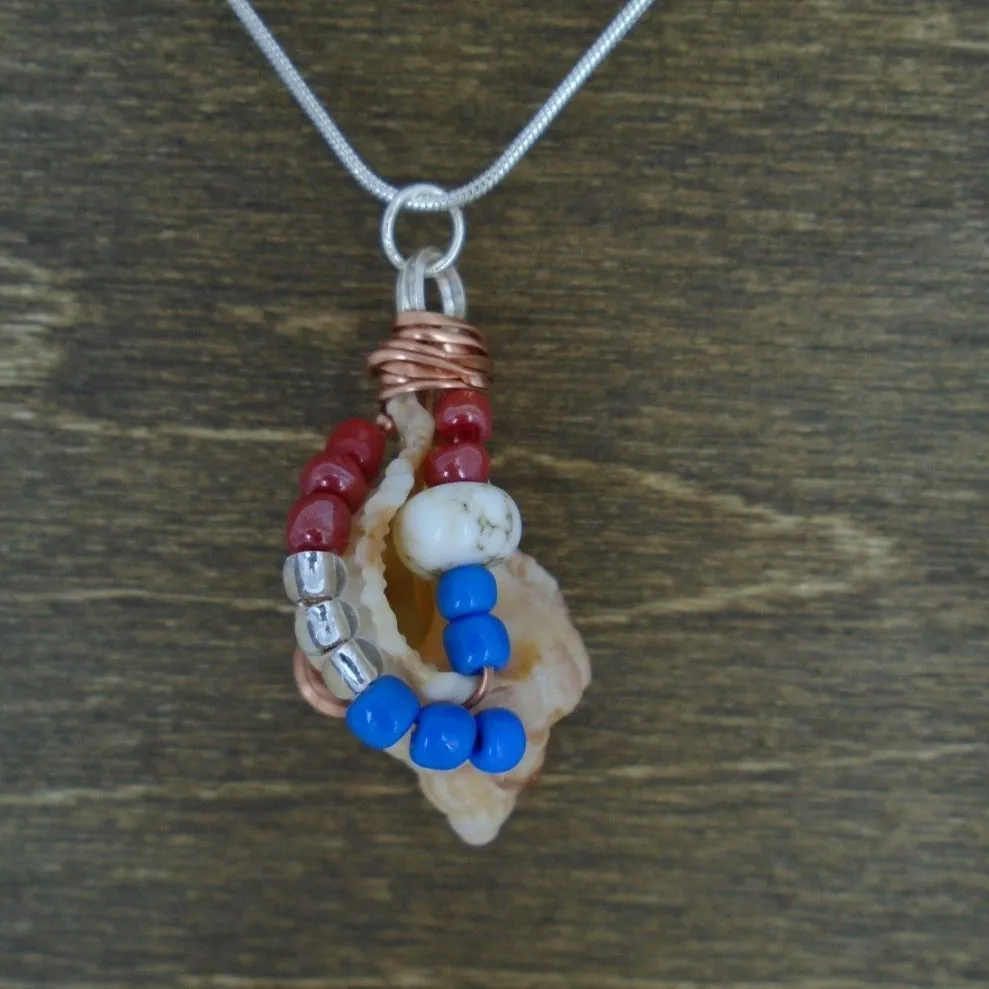 Florida Apple Murex Shell  Handmade Beach Boho Pendant-Copper Wire Wrapped-Multi Color Glass Beads- USA Beach Boho