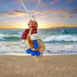 Florida Apple Murex Shell  Handmade Beach Boho Pendant-Copper Wire Wrapped-Multi Color Glass Beads- USA Beach Boho