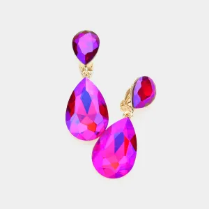 Fuchsia AB Crystal Double Teardrop Clip on Dangle Earrings  | Pageant Earrings | 602176