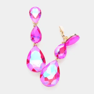 Fuchsia AB Crystal Triple Teardrop Clip-on Pageant Earrings  | Hot Pink Earrings | 635148