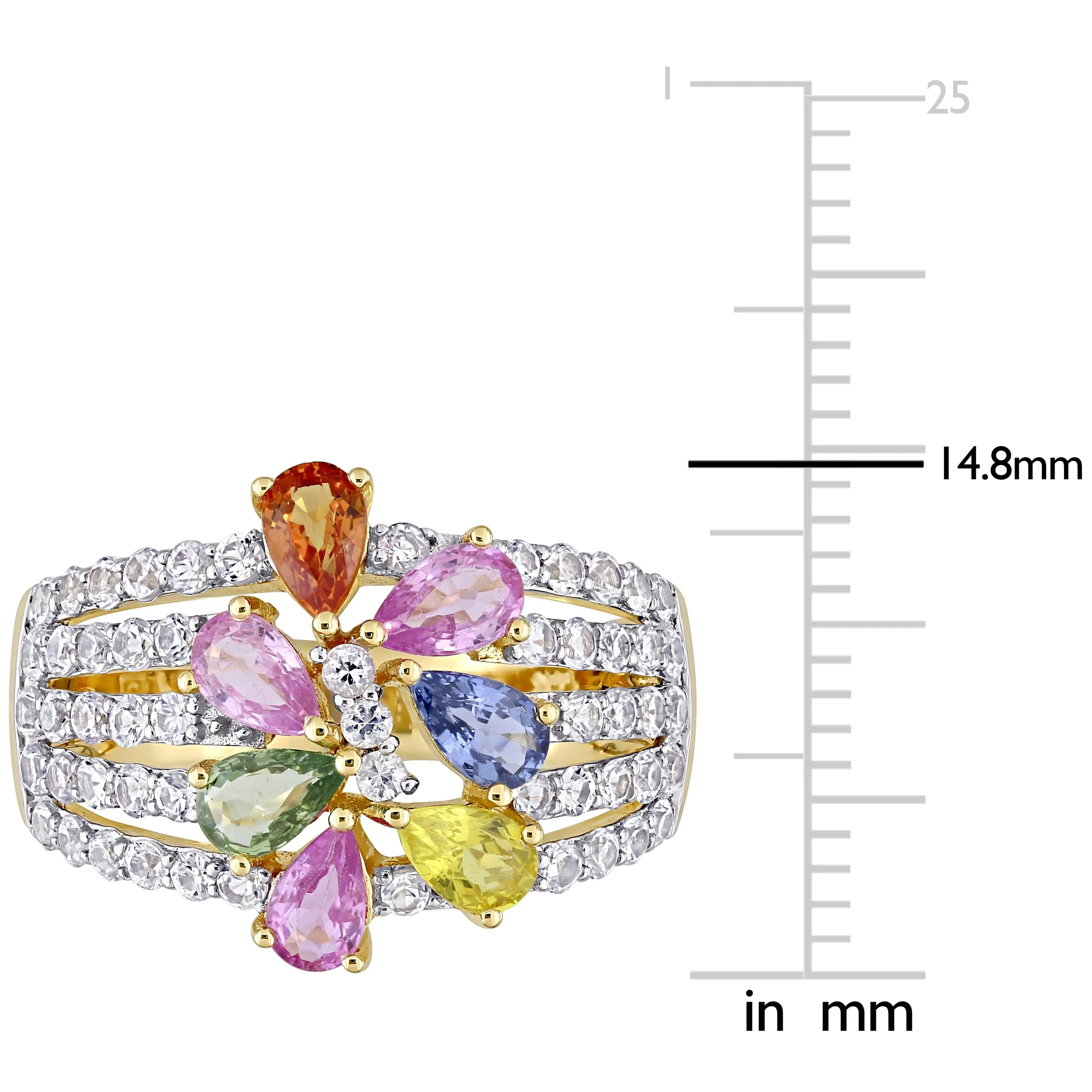 Gemstone Multi-Row Floral Cluster Diamond 14K Yellow Gold Ring