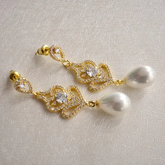 Gold Art Deco Pearl Wedding Earrings, CZ Pearl Drop Bridal Earring, Crystal Pearl Dangle Bridal Earring, Bridesmaid Earring, Vintage Wedding