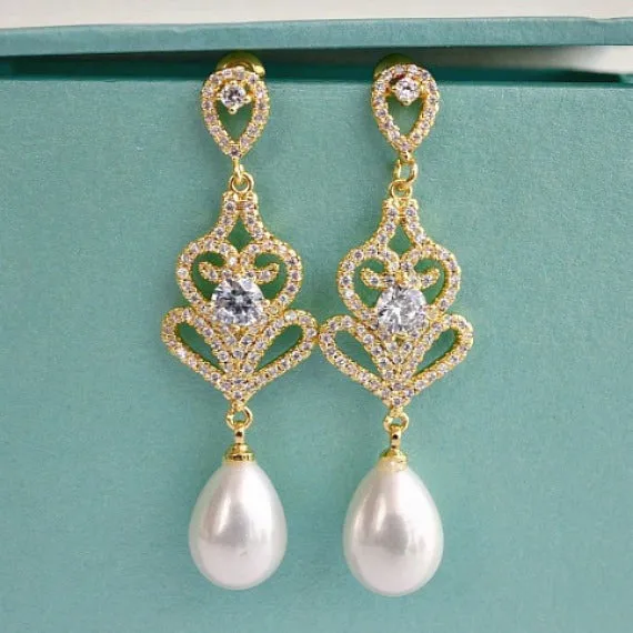 Gold Art Deco Pearl Wedding Earrings, CZ Pearl Drop Bridal Earring, Crystal Pearl Dangle Bridal Earring, Bridesmaid Earring, Vintage Wedding