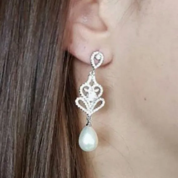 Gold Art Deco Pearl Wedding Earrings, CZ Pearl Drop Bridal Earring, Crystal Pearl Dangle Bridal Earring, Bridesmaid Earring, Vintage Wedding