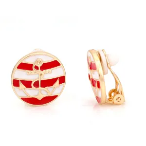 GOLD RED AND WHITE ANCHOR CLIP ON  EARRING #SQ6695R (SH3)