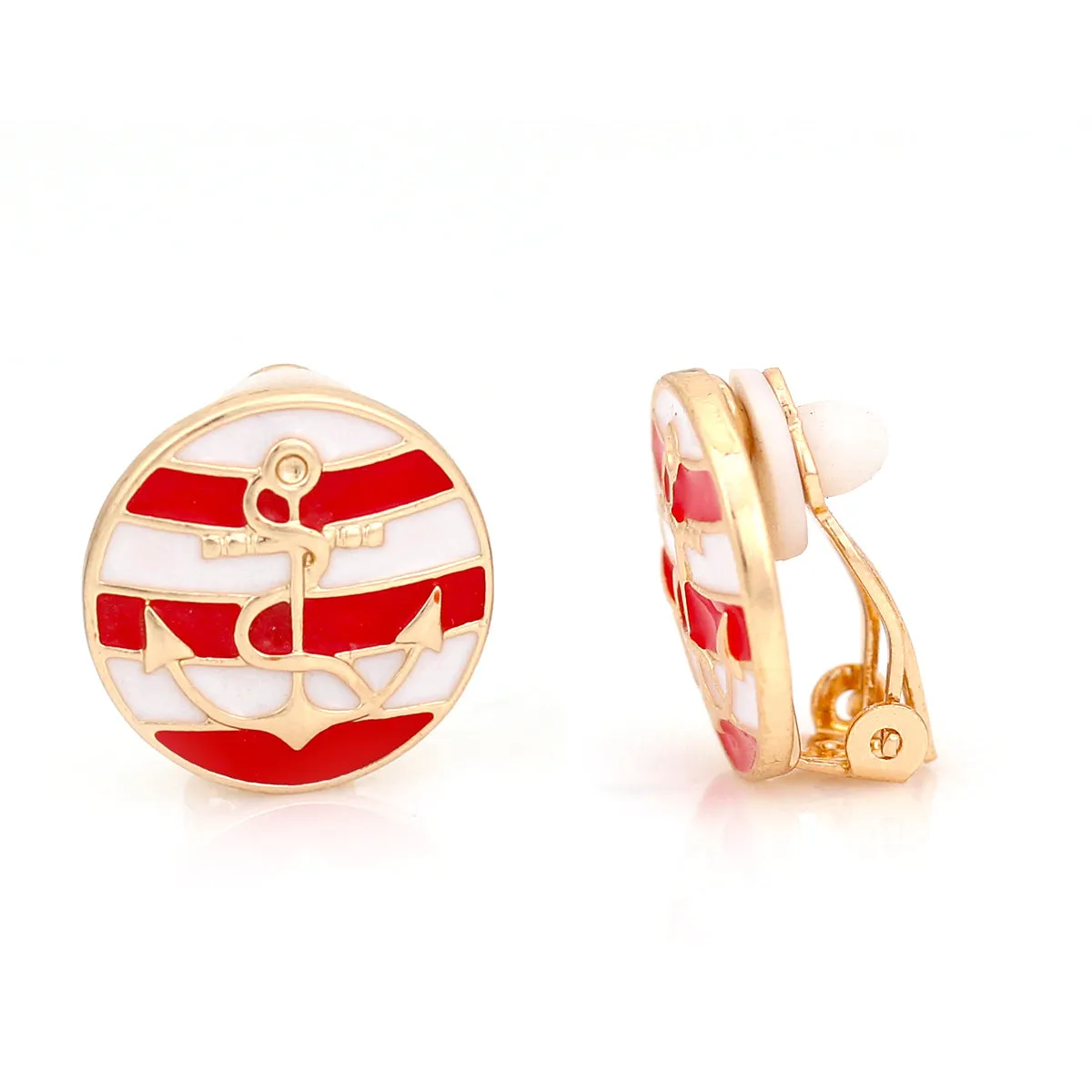 GOLD RED AND WHITE ANCHOR CLIP ON  EARRING #SQ6695R (SH3)