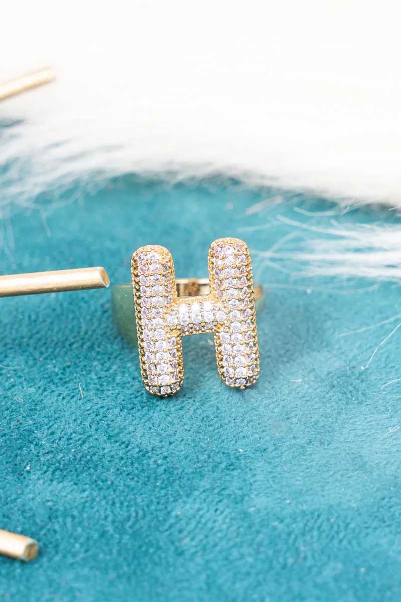 Goldtone Crystal Pave "H"  Cuff Ring