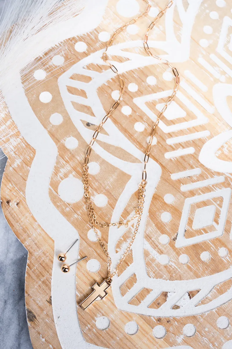 Goldtone Double Chain Matte Cross Necklace and Earring Set