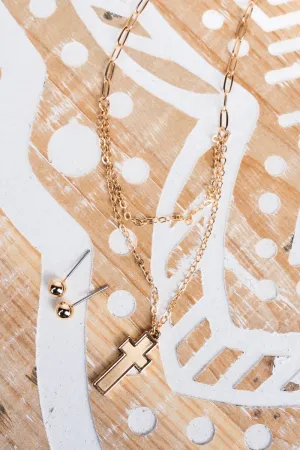 Goldtone Double Chain Matte Cross Necklace and Earring Set