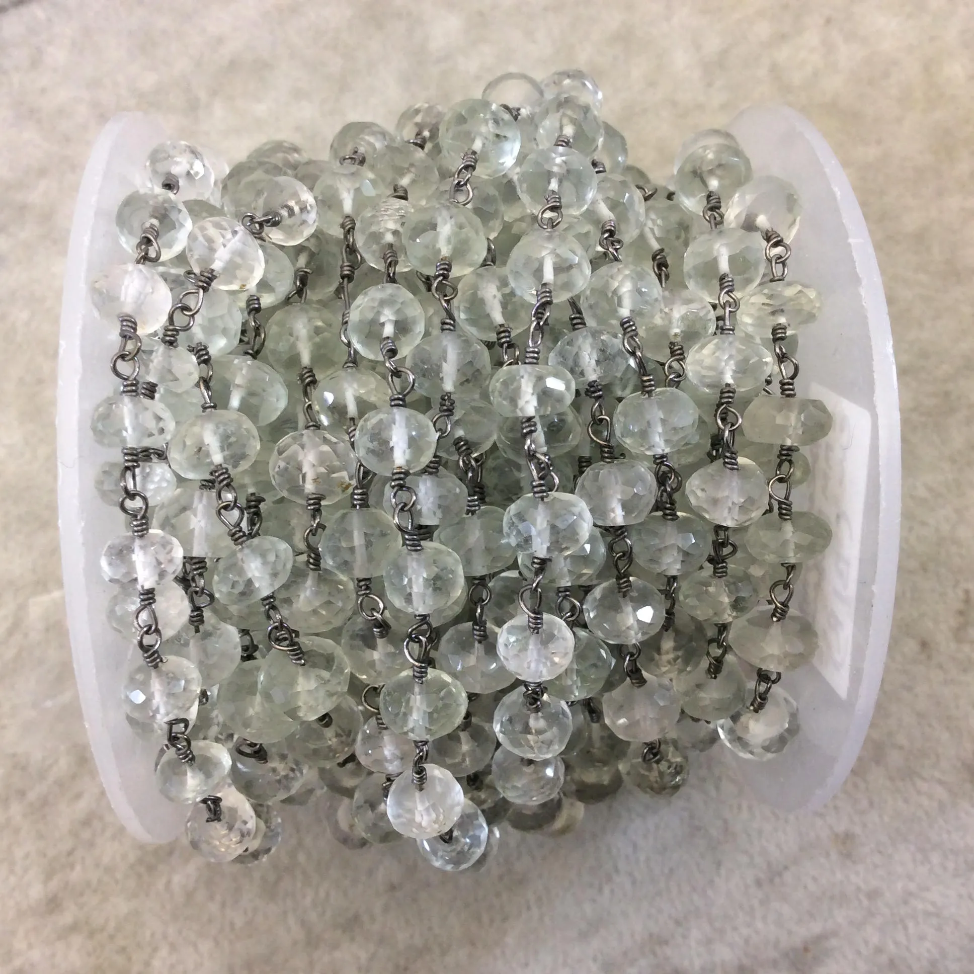 Gunmetal Plated Copper Rosary Chain with Faceted 6mm Rondelle Shape Green Amethyst Beads - Sold by the Foot (CH334-GM) Quality Gemstone!