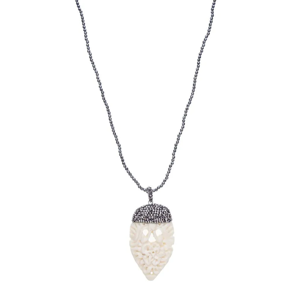 HAND CARVED FLOWER PETAL NECKLACE, HEMATITE