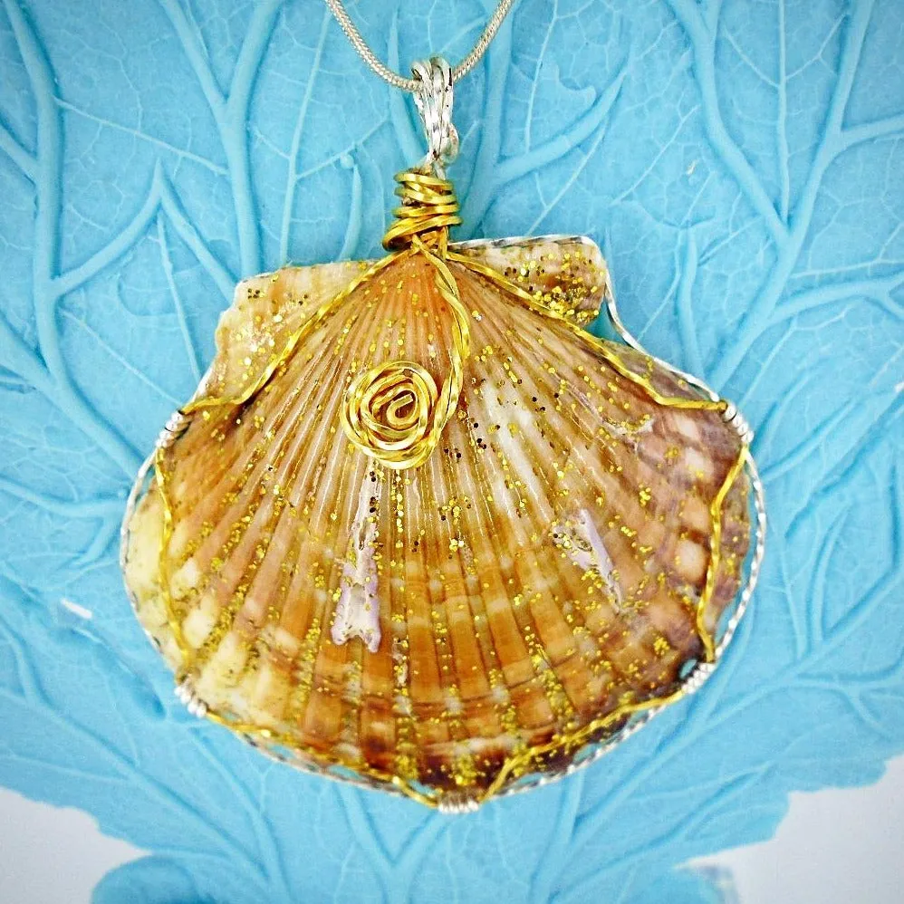 Handmade Large Orange/Gold Scallop Seashell Pendant with Gold Glitter, Clear Glaze, and Wire Wrap on Black Leather Rope