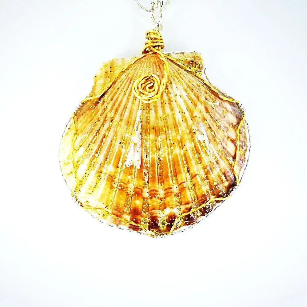 Handmade Large Orange/Gold Scallop Seashell Pendant with Gold Glitter, Clear Glaze, and Wire Wrap on Black Leather Rope
