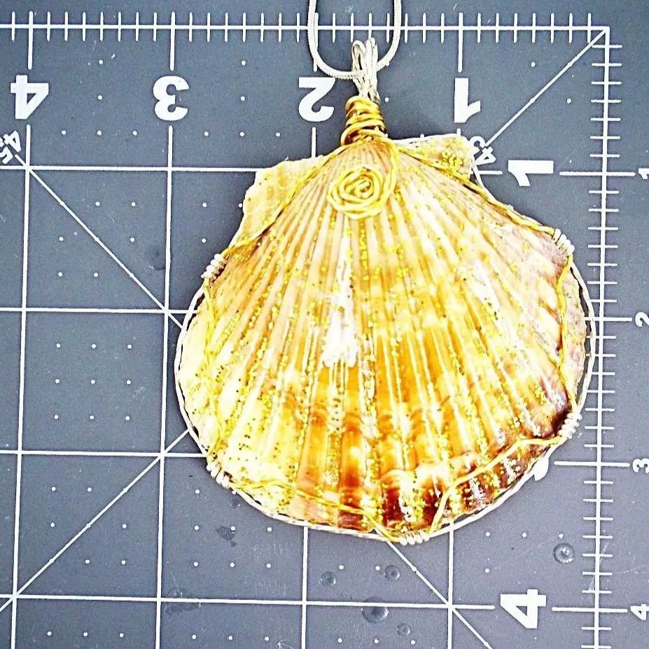 Handmade Large Orange/Gold Scallop Seashell Pendant with Gold Glitter, Clear Glaze, and Wire Wrap on Black Leather Rope