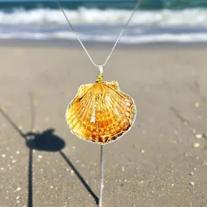 Handmade Large Orange/Gold Scallop Seashell Pendant with Gold Glitter, Clear Glaze, and Wire Wrap on Black Leather Rope
