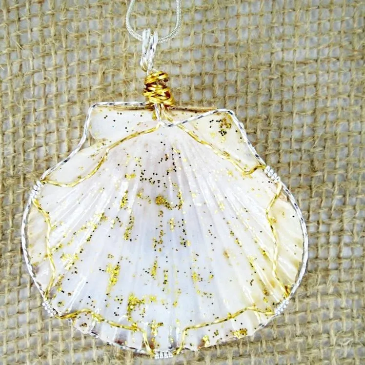 Handmade Large Orange/Gold Scallop Seashell Pendant with Gold Glitter, Clear Glaze, and Wire Wrap on Black Leather Rope