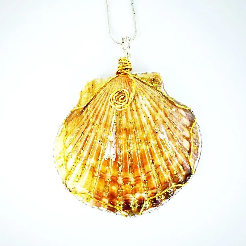 Handmade Large Orange/Gold Scallop Seashell Pendant with Gold Glitter, Clear Glaze, and Wire Wrap on Black Leather Rope