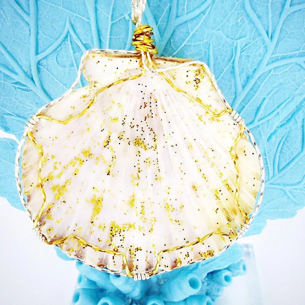 Handmade Large Orange/Gold Scallop Seashell Pendant with Gold Glitter, Clear Glaze, and Wire Wrap on Black Leather Rope