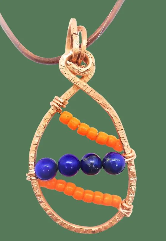 Handmade Solid Copper Unique Wrapped Pendant with Hammered Texture – Orange Beads & Navy Semi-Precious Stones