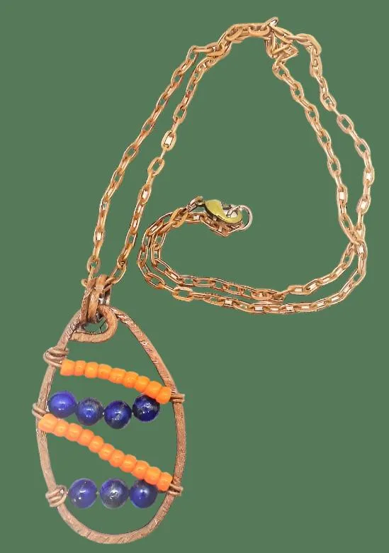 Handmade Solid Copper Unique Wrapped Pendant with Hammered Texture – Orange Beads & Navy Semi-Precious Stones