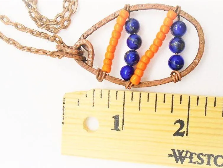 Handmade Solid Copper Unique Wrapped Pendant with Hammered Texture – Orange Beads & Navy Semi-Precious Stones