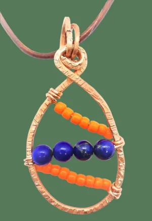 Handmade Solid Copper Unique Wrapped Pendant with Hammered Texture – Orange Beads & Navy Semi-Precious Stones
