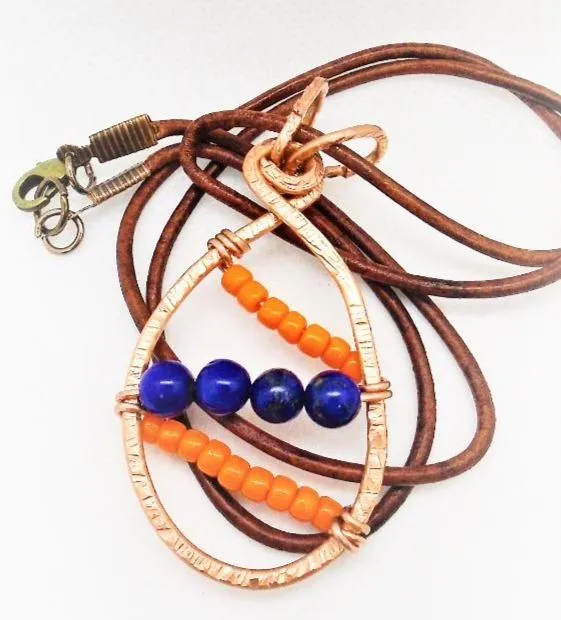 Handmade Solid Copper Unique Wrapped Pendant with Hammered Texture – Orange Beads & Navy Semi-Precious Stones