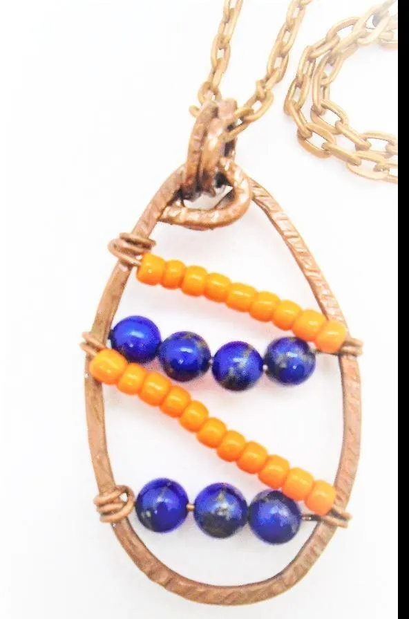 Handmade Solid Copper Unique Wrapped Pendant with Hammered Texture – Orange Beads & Navy Semi-Precious Stones