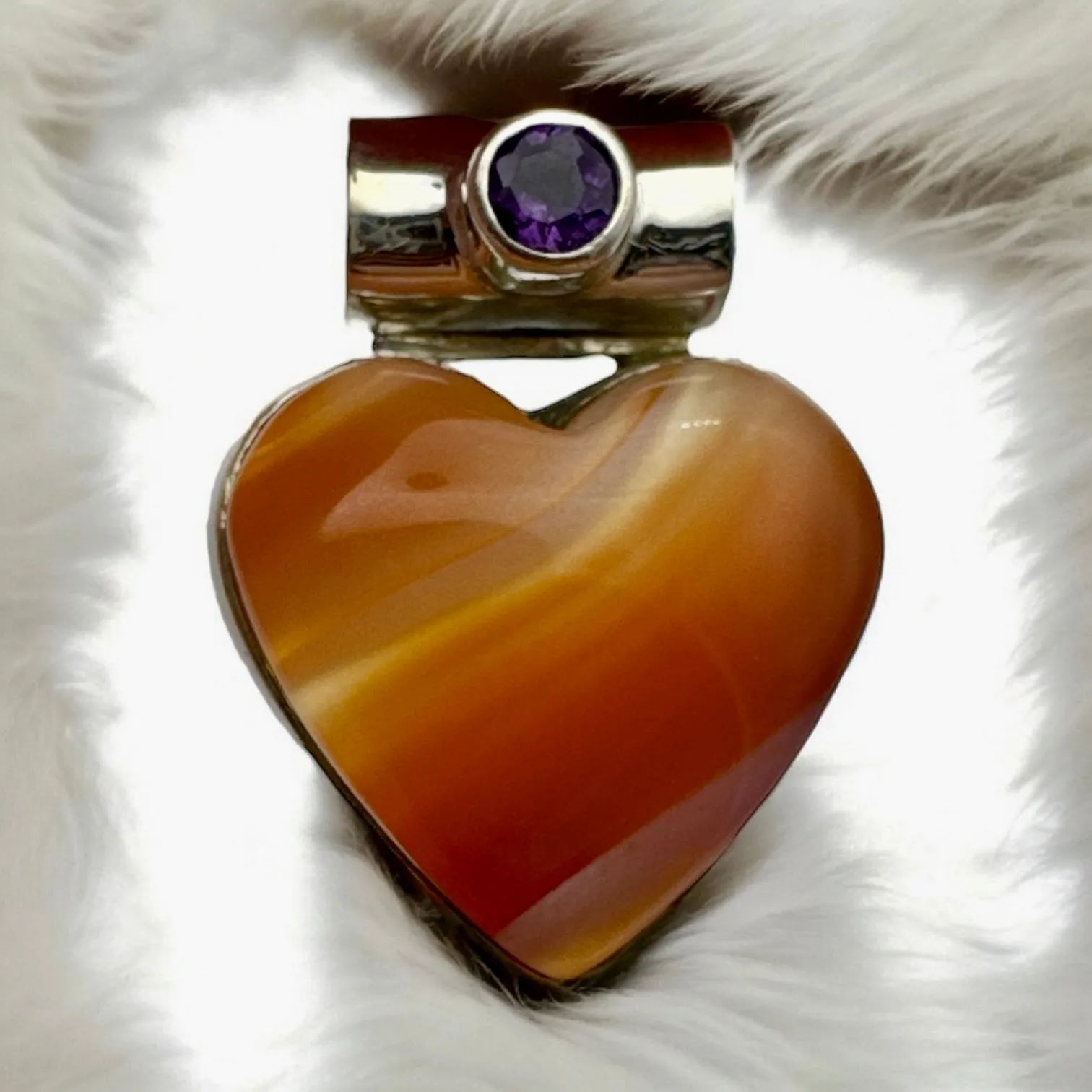 HEART Lake Superior Agate & Garnet Solid 925 Sterling Silver Pendant