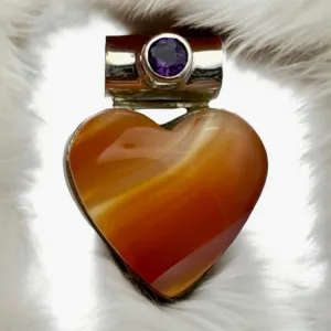 HEART Lake Superior Agate & Garnet Solid 925 Sterling Silver Pendant