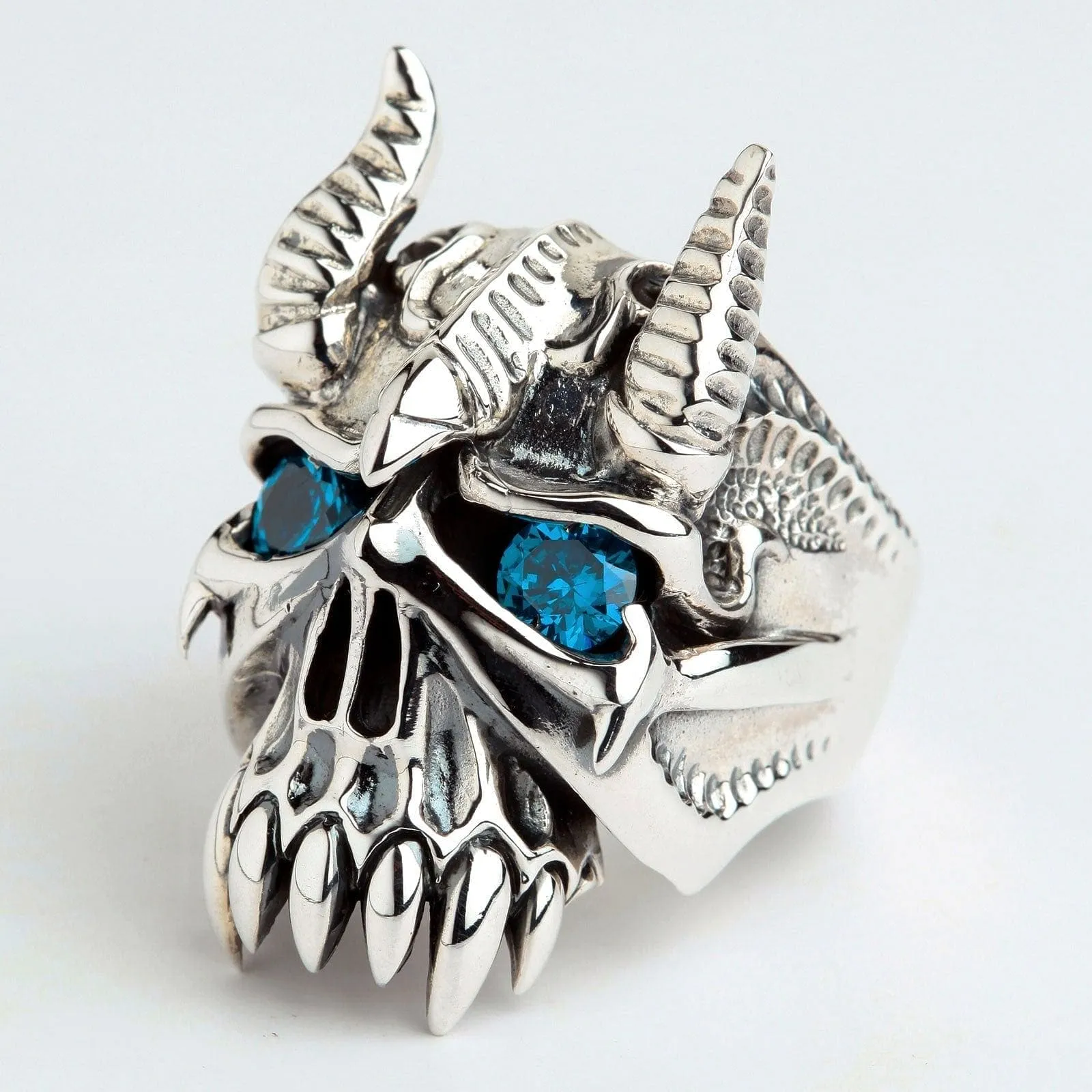 Horn Bison Devil Sterling Silver Skull Biker Ring