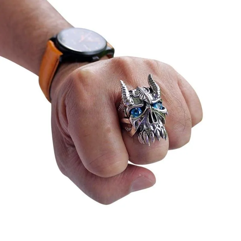 Horn Bison Devil Sterling Silver Skull Biker Ring