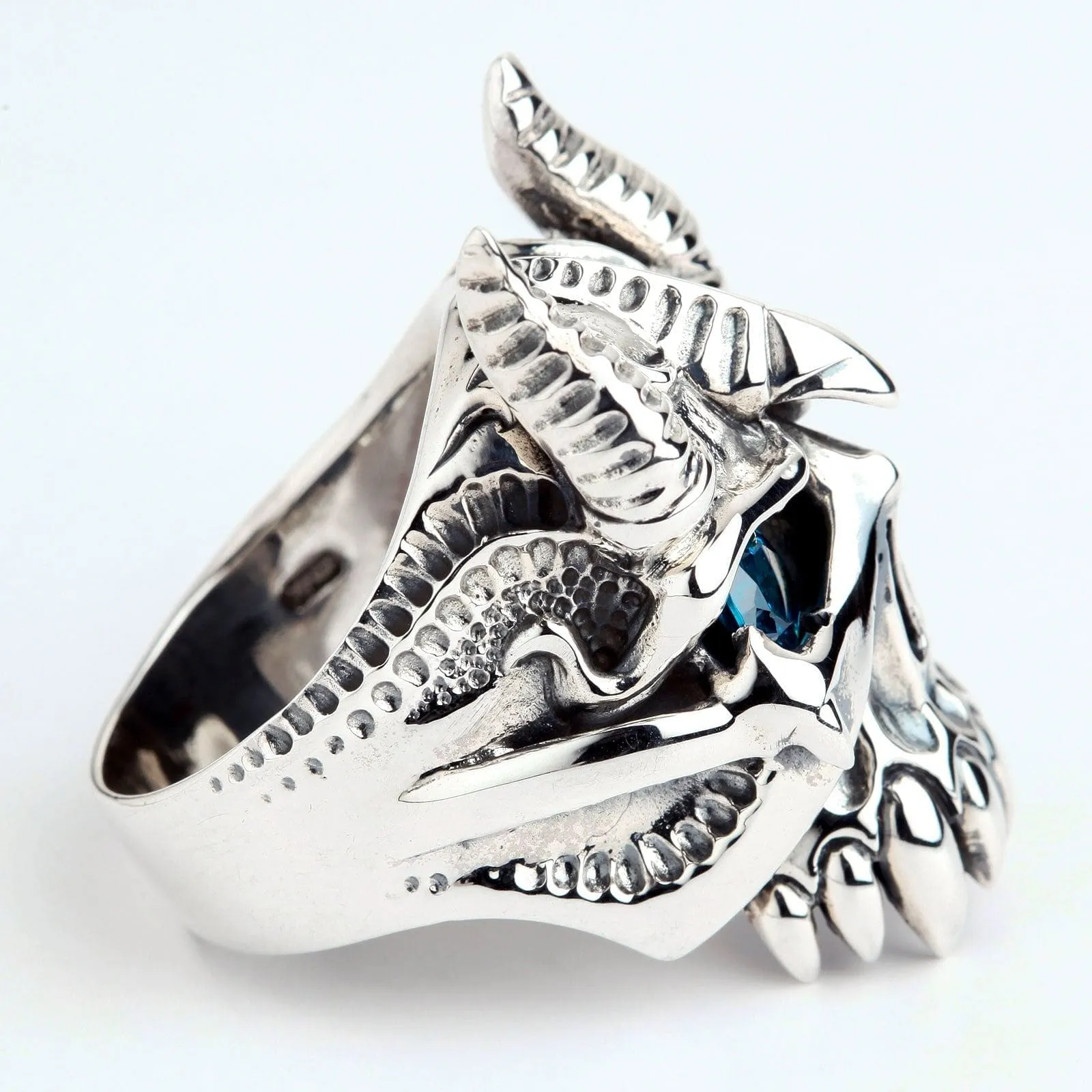 Horn Bison Devil Sterling Silver Skull Biker Ring