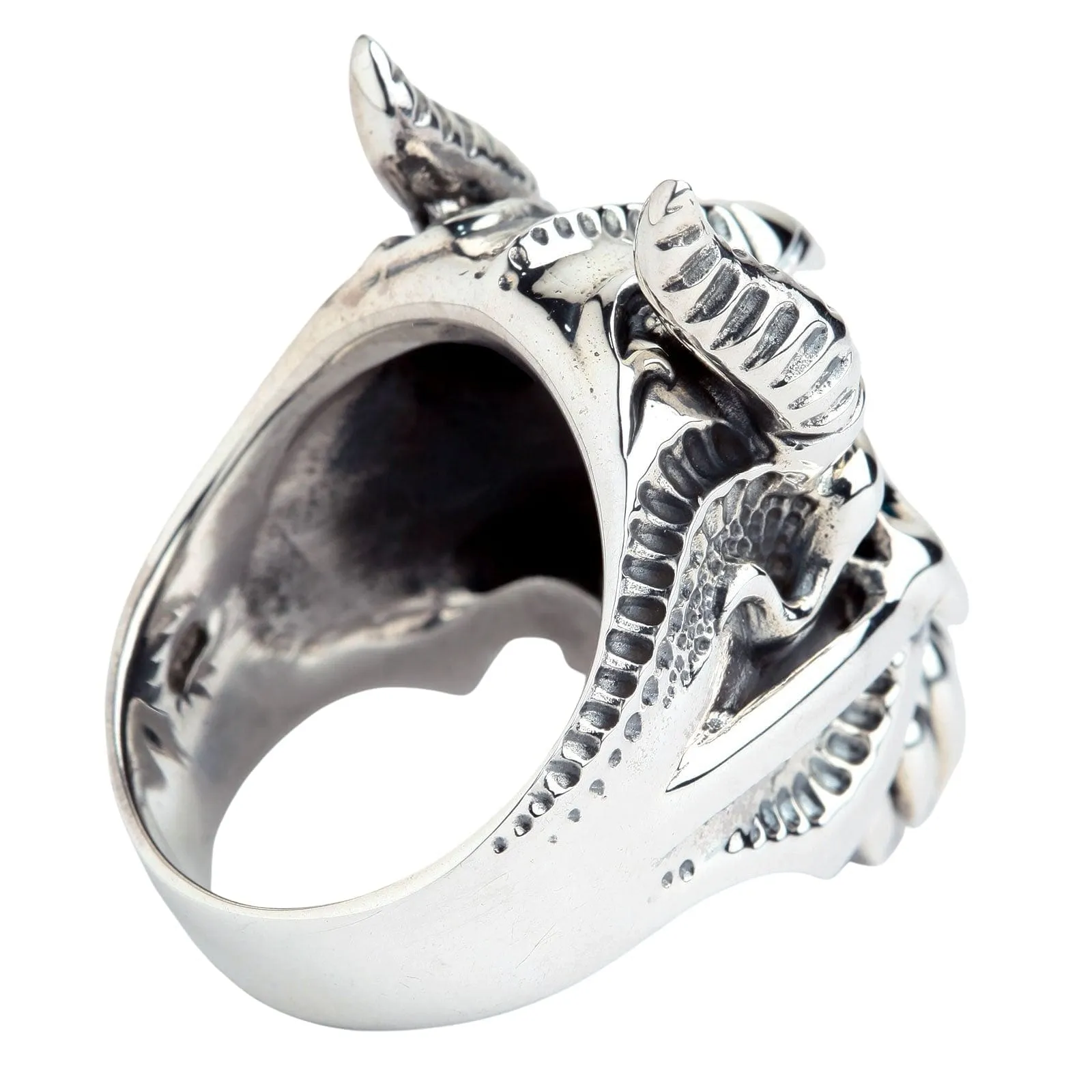 Horn Bison Devil Sterling Silver Skull Biker Ring