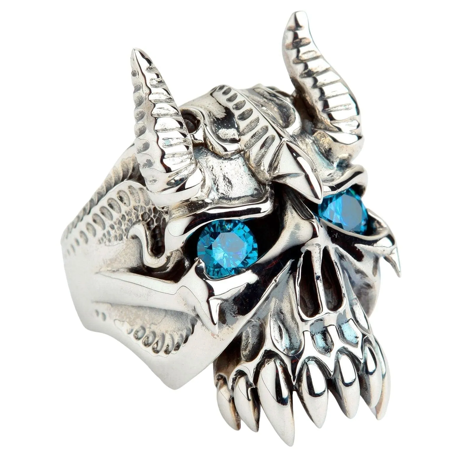Horn Bison Devil Sterling Silver Skull Biker Ring