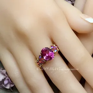 Hot Pink Sapphire Handmade Ring, with Blue Pearl or Rose Pink Swarovski, Made to Order