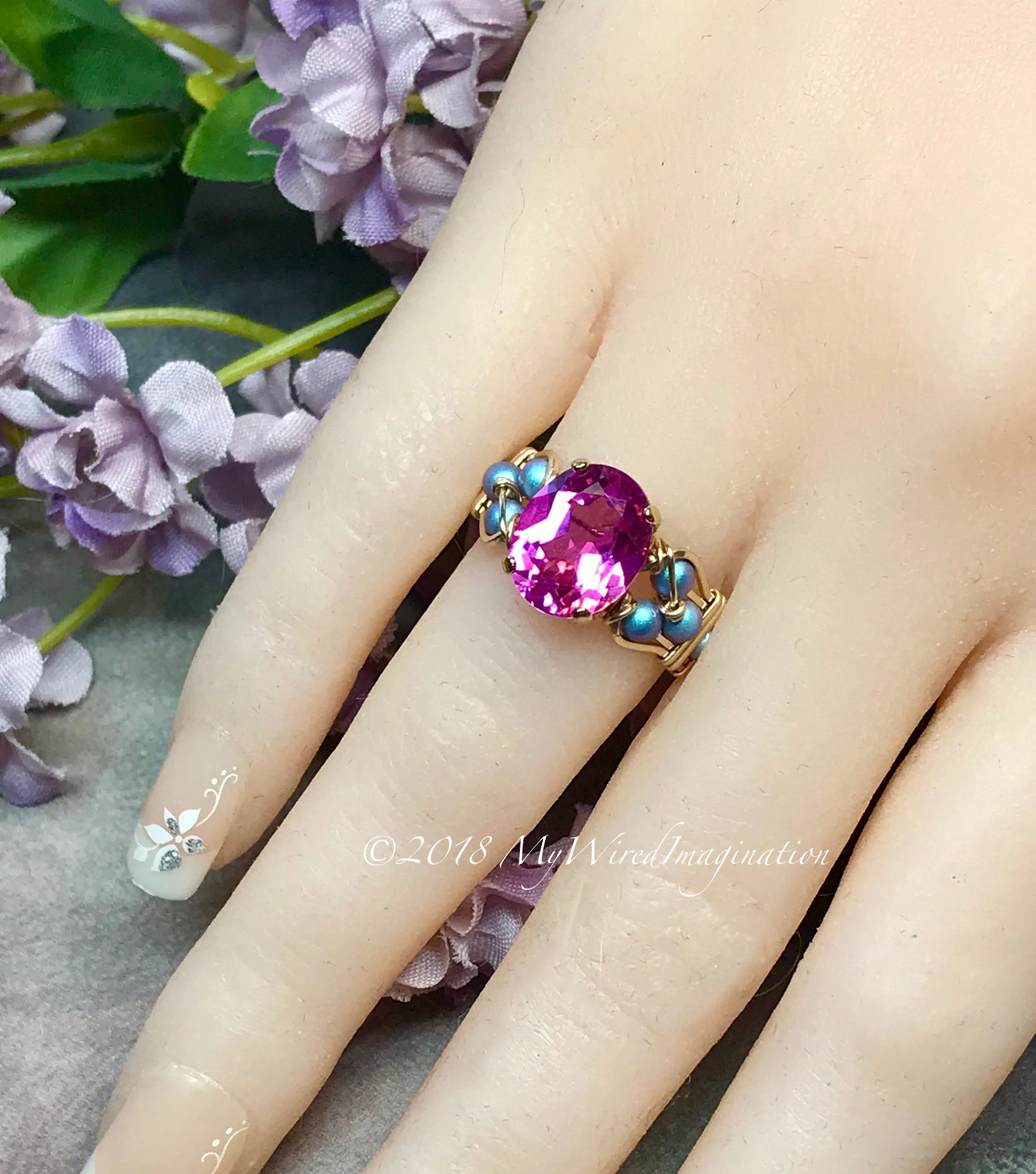 Hot Pink Sapphire Handmade Ring, with Blue Pearl or Rose Pink Swarovski, Made to Order