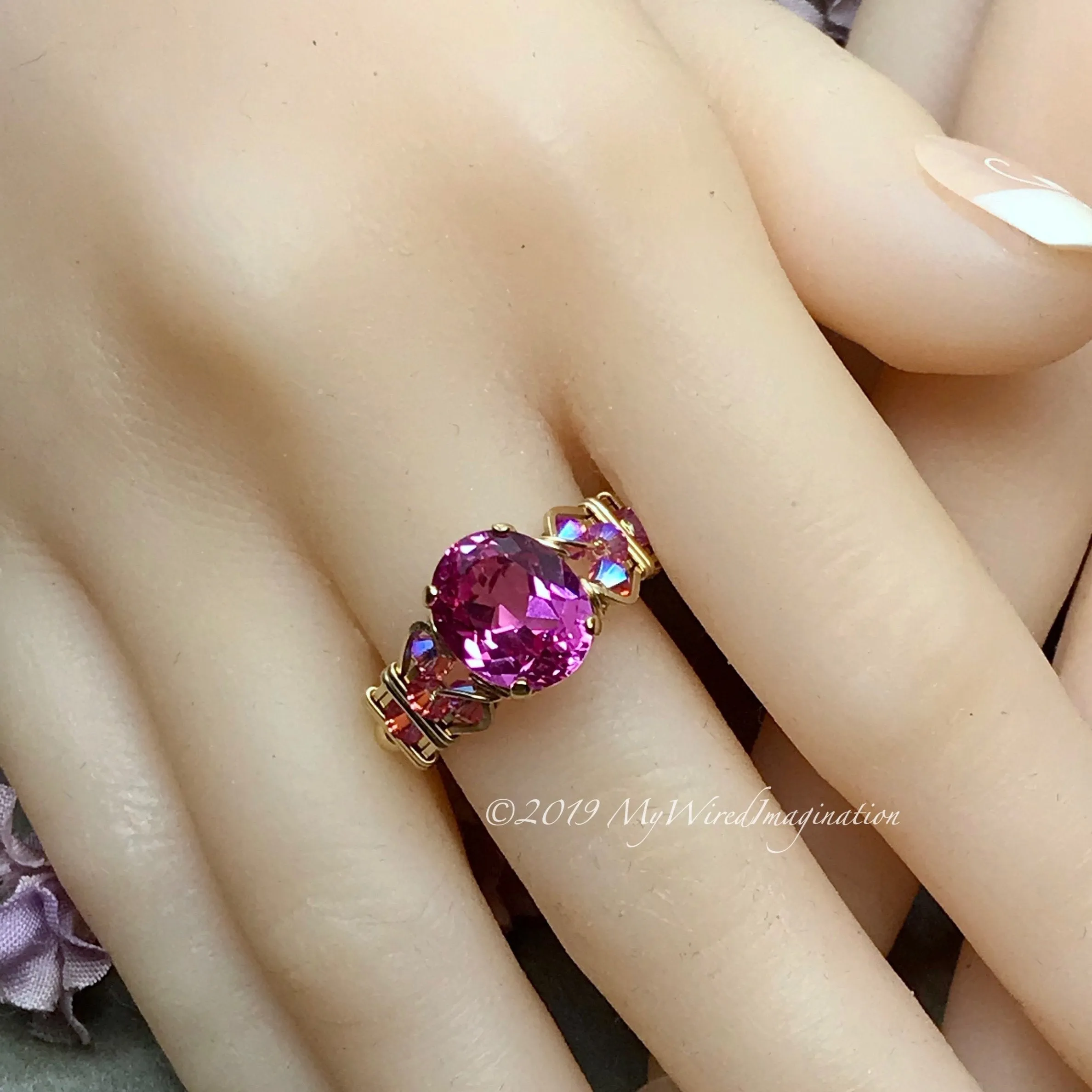 Hot Pink Sapphire Handmade Ring, with Blue Pearl or Rose Pink Swarovski, Made to Order