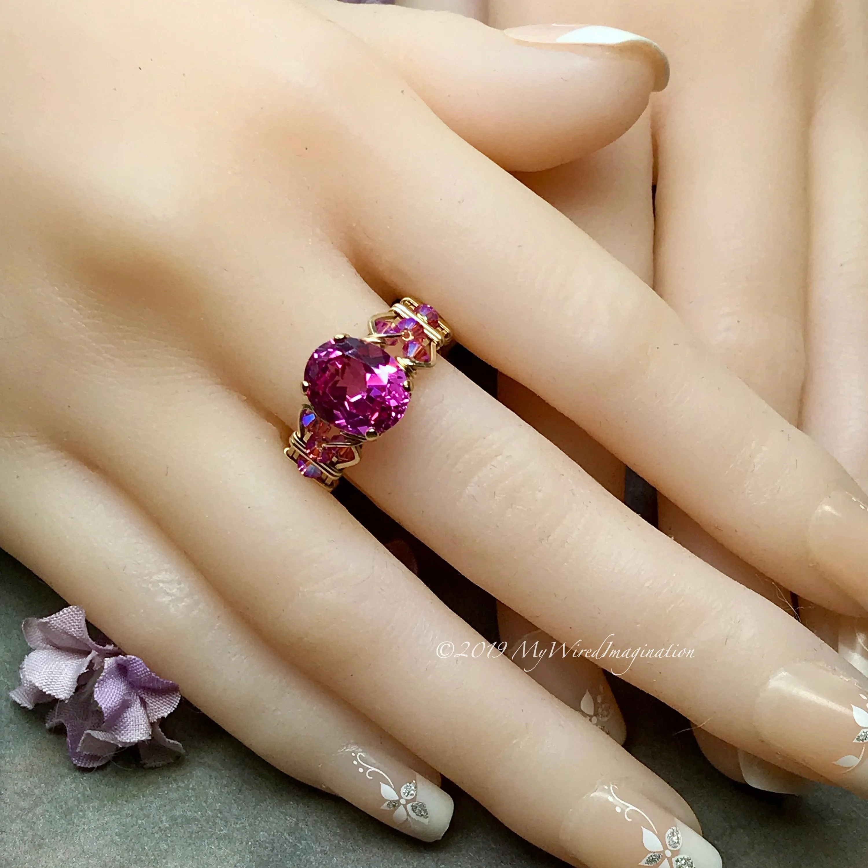 Hot Pink Sapphire Handmade Ring, with Blue Pearl or Rose Pink Swarovski, Made to Order