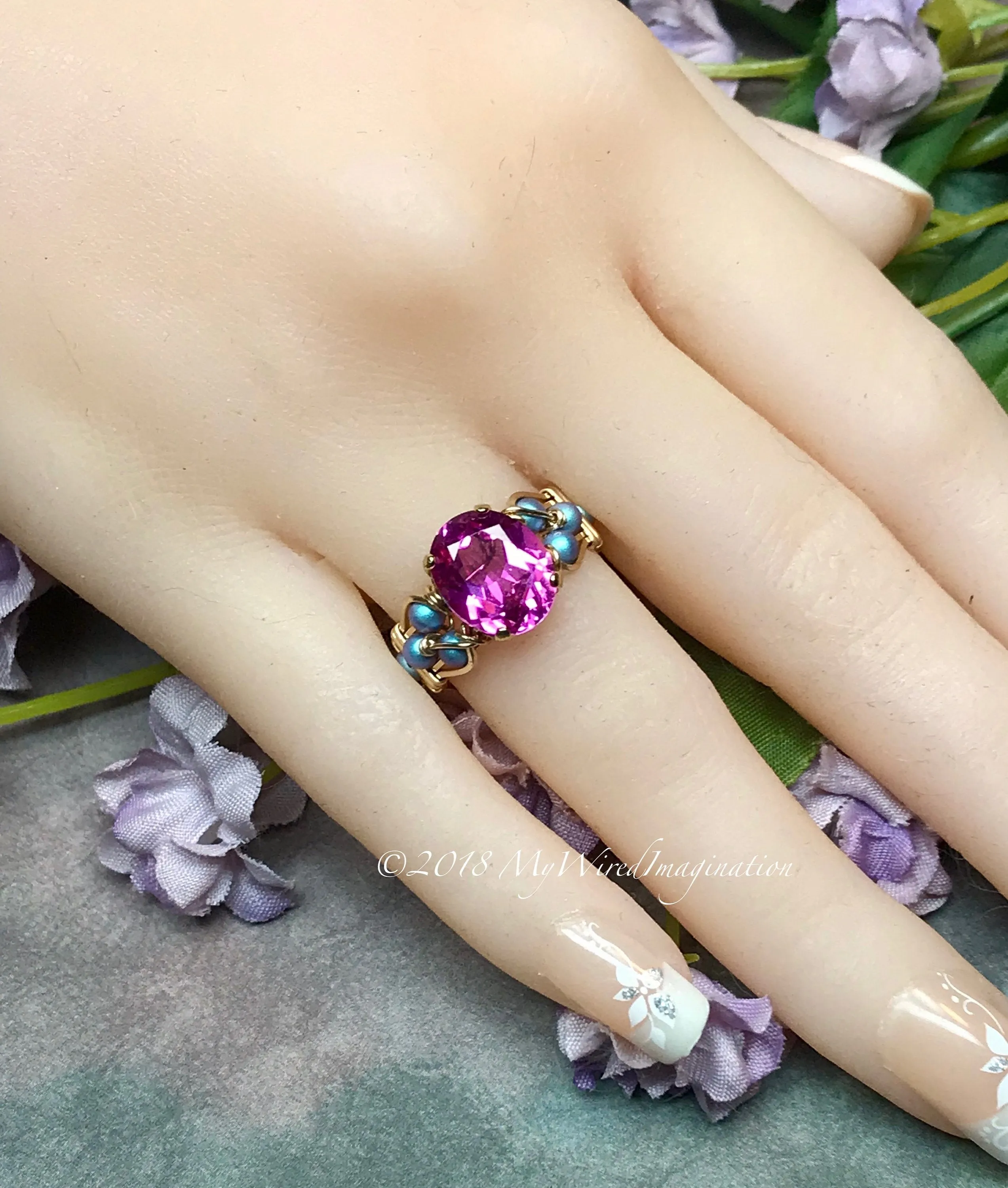 Hot Pink Sapphire Handmade Ring, with Blue Pearl or Rose Pink Swarovski, Made to Order