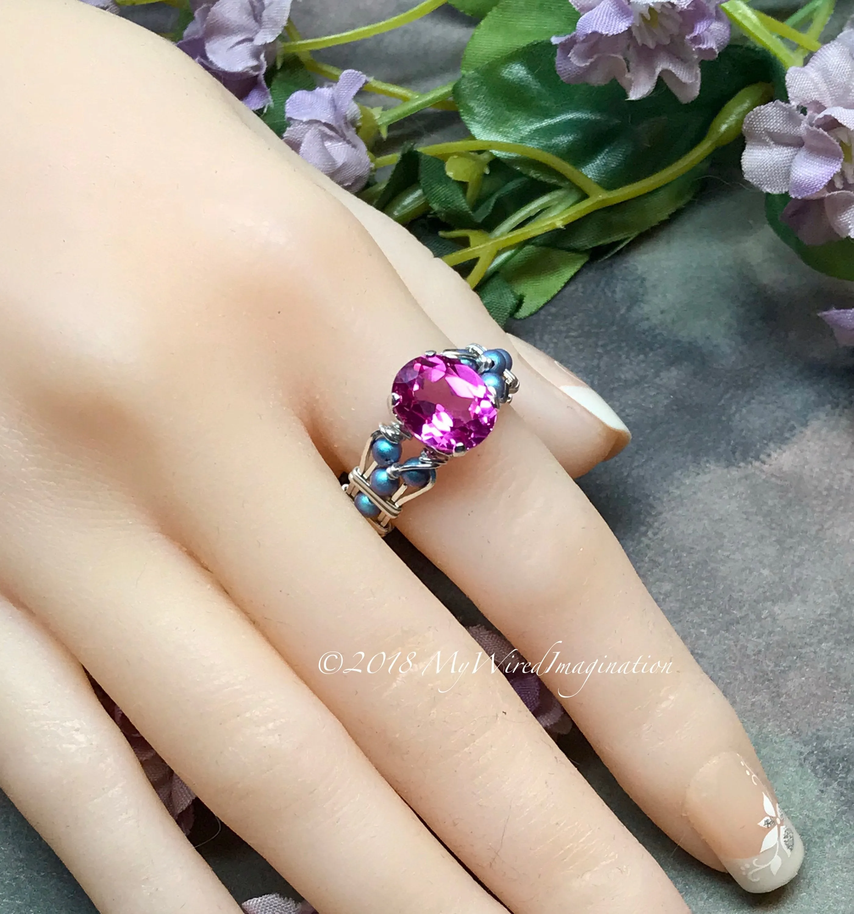 Hot Pink Sapphire Handmade Ring, with Blue Pearl or Rose Pink Swarovski, Made to Order