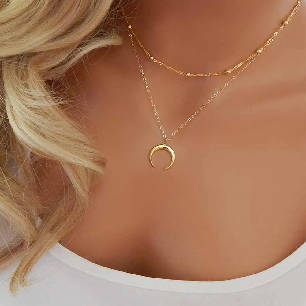 IPARAM 2017 New Fashion Double Horn Necklace Crescent Moon Necklace Boho Jewelry Minimal Girlfriend Gift