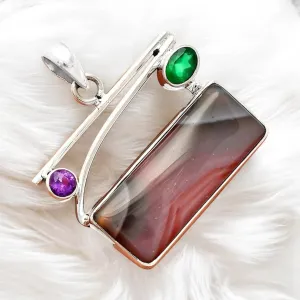 Lake Superior Agate Green Onyx Amethyst Solid 925 Sterling Silver Pendant