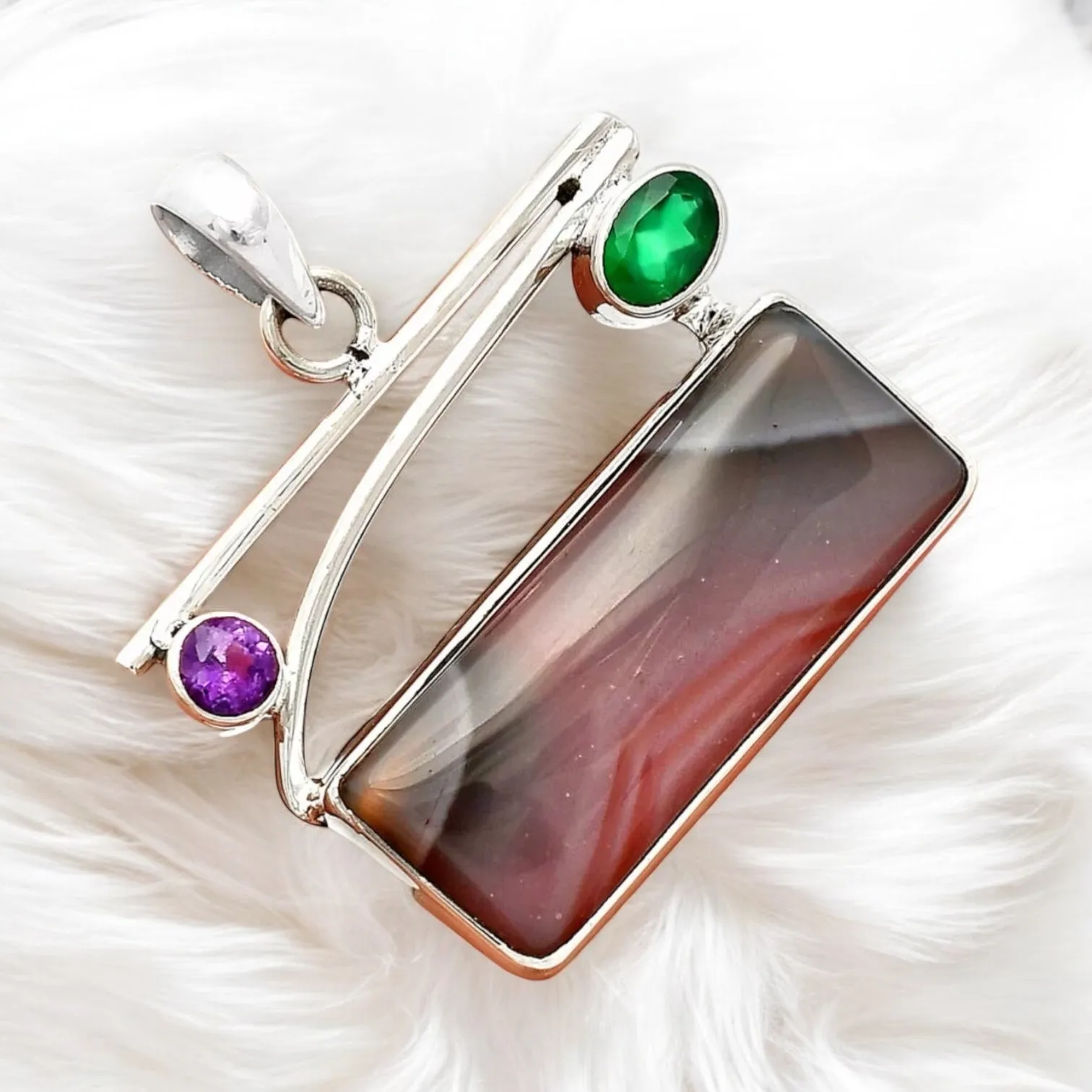 Lake Superior Agate Green Onyx Amethyst Solid 925 Sterling Silver Pendant