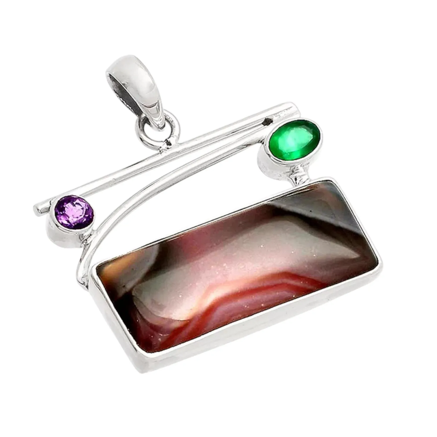 Lake Superior Agate Green Onyx Amethyst Solid 925 Sterling Silver Pendant